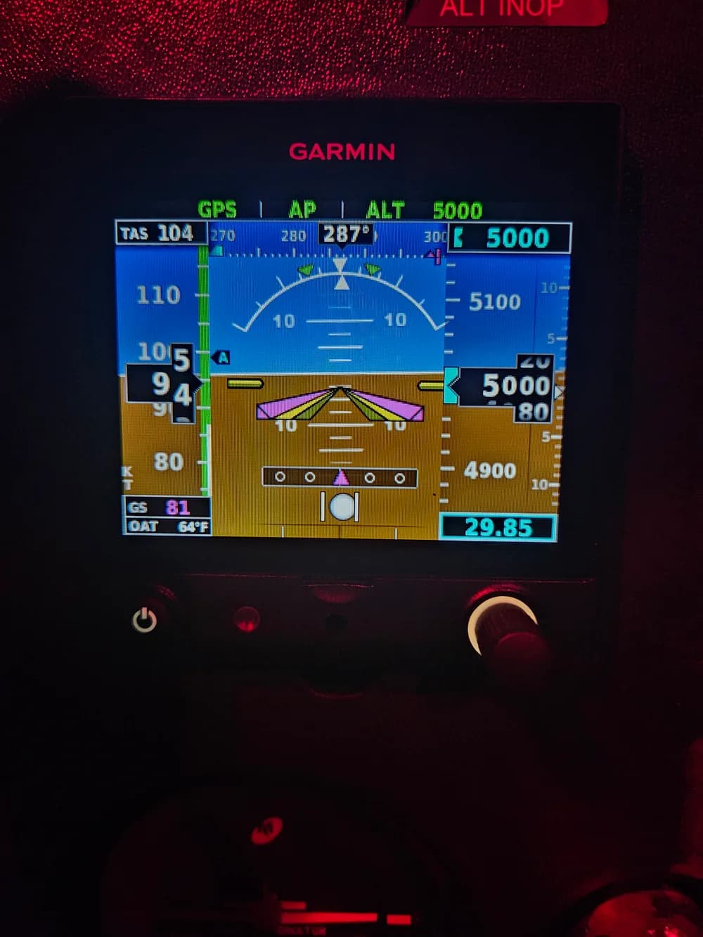 Garmin G5 electronic flight display showing the attitude indicator, airspeed, and altitude tapes
